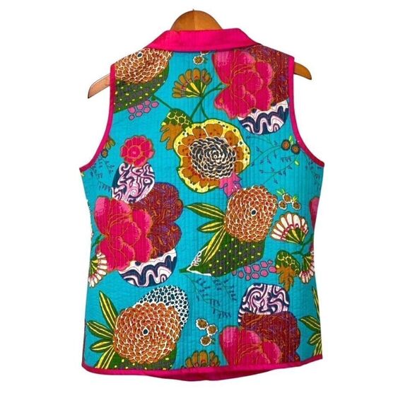 Anu Women's Quilted Vest Reversible Silk Blend Multicolor Floral Hot Pink Size M - Picture 4 of 10